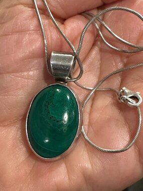 Vintage Southwestern Kewa Coriz Sterling Silver Malachite Pendant Necklace 15g.
